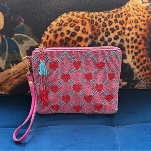 Sincerely Jules Pink Beaded Heart Wristlet Clutch with Turquoise Accents